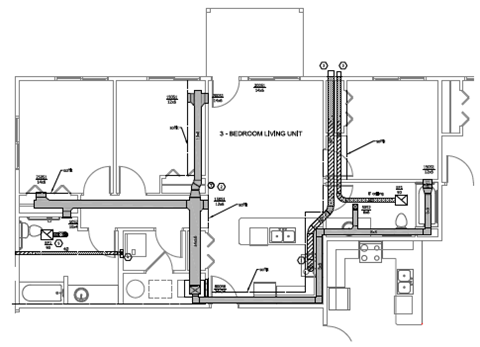 A floor plan of a three bedroom unit with a detailed layout.